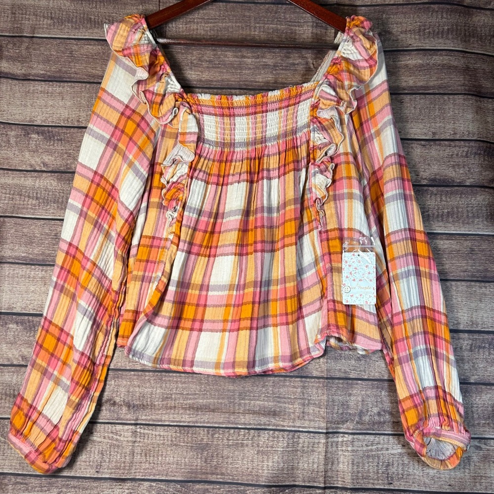 Free People Siena Pink Orange Plaid Smocked Ruffle Boho Blouse Womens M NWT